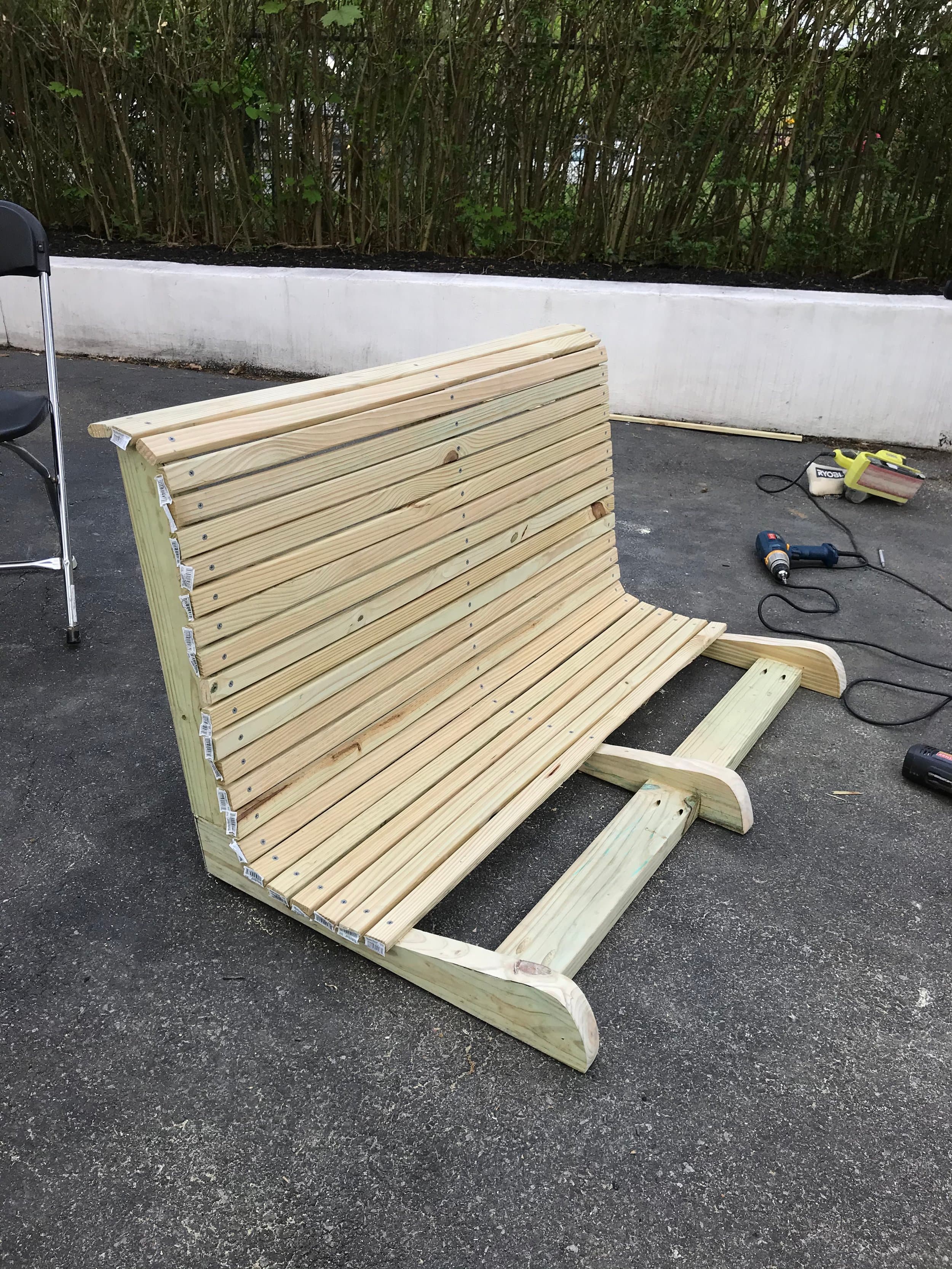 Here’s a shot most of the way through attaching the slats. The bench was made intentionally 4ft wide so that 8ft stock could be best utilized.