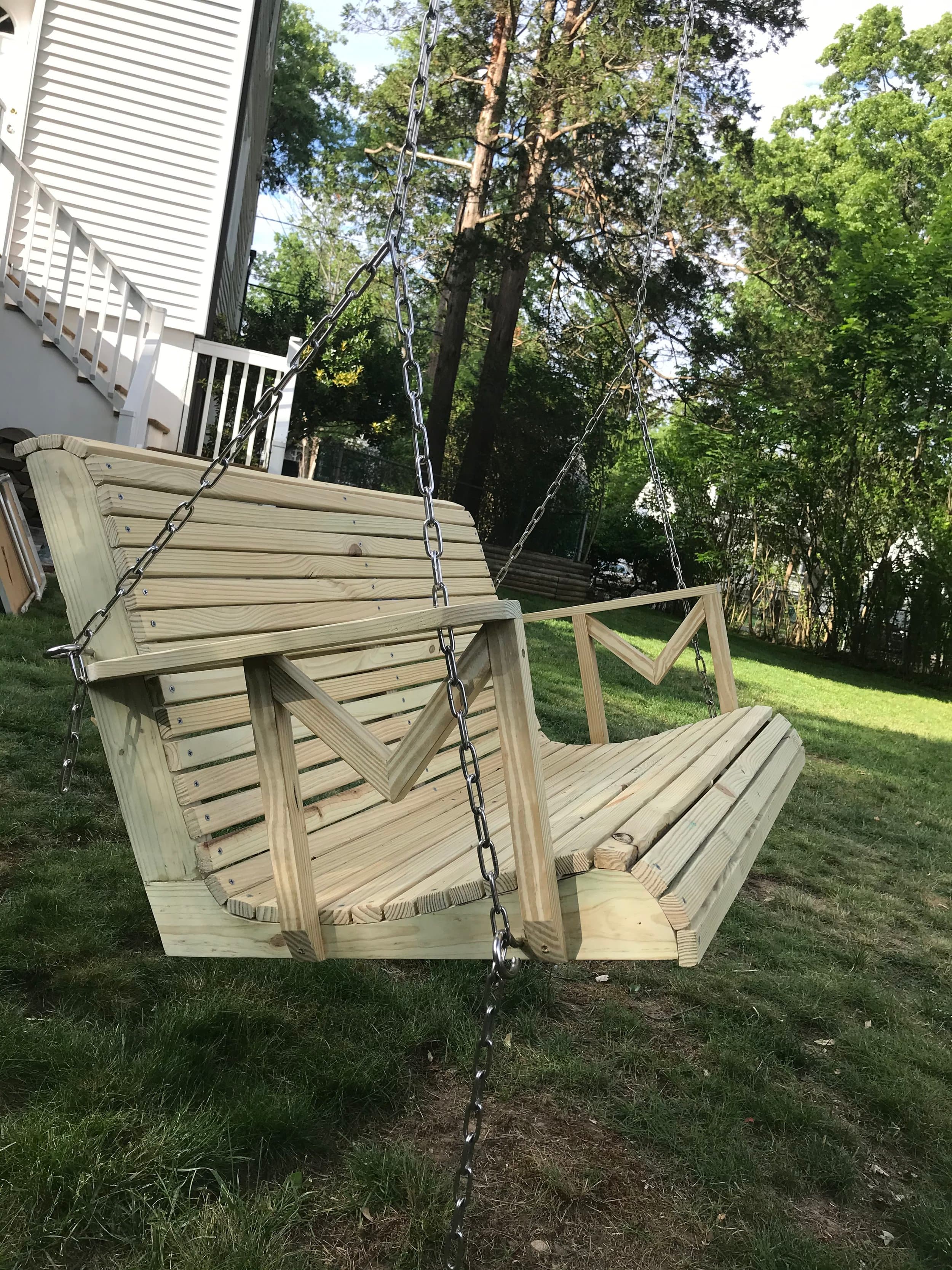 The first test hang! My intuition was right, the scooped seat is super comfy. I wish I’d gotten a photo of draping the chain over the tree- it required going up a ridiculously tall ladder.