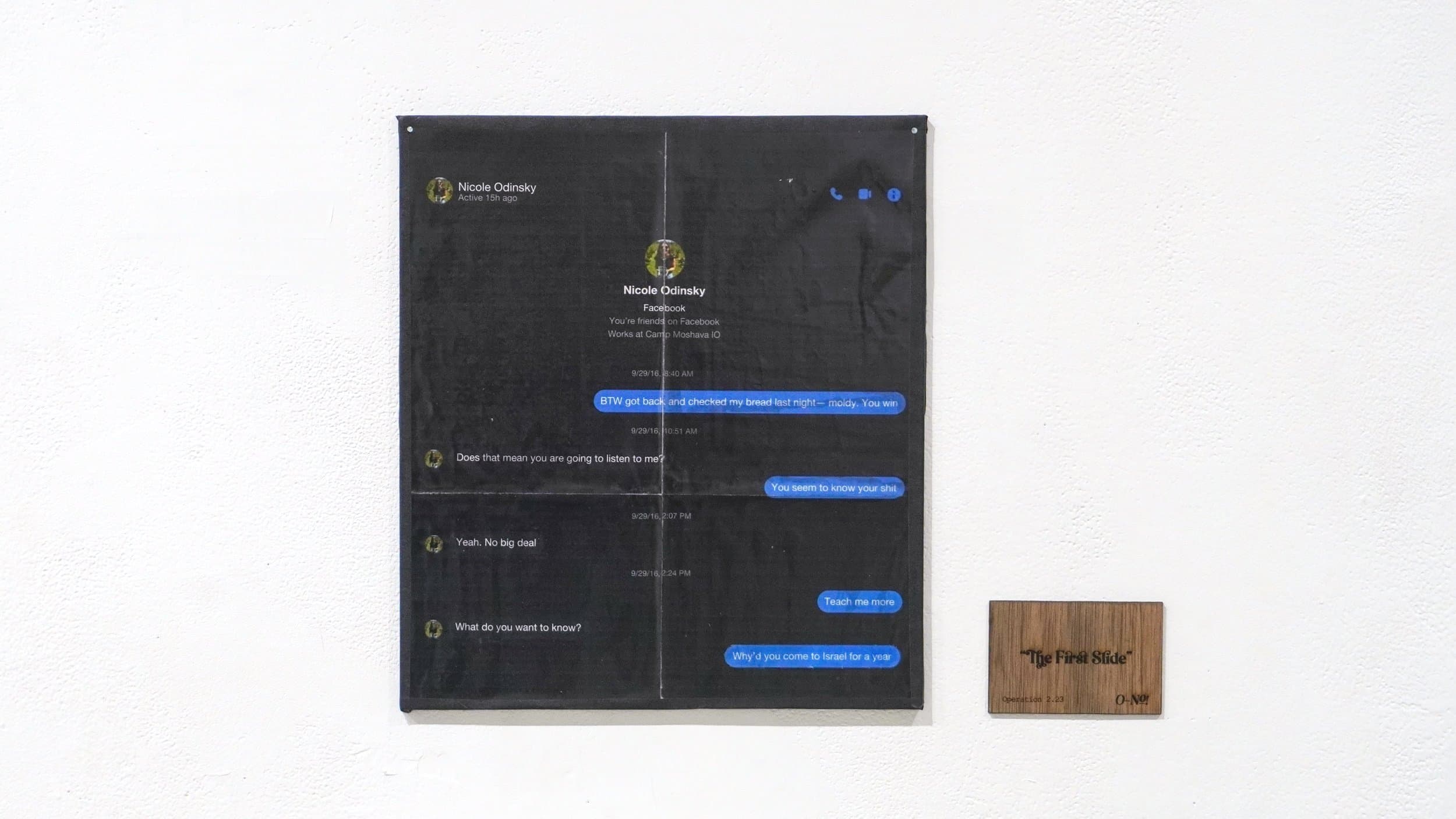 “The First Slide” - print on panel, final text bubble peels away to reveal a hidden message