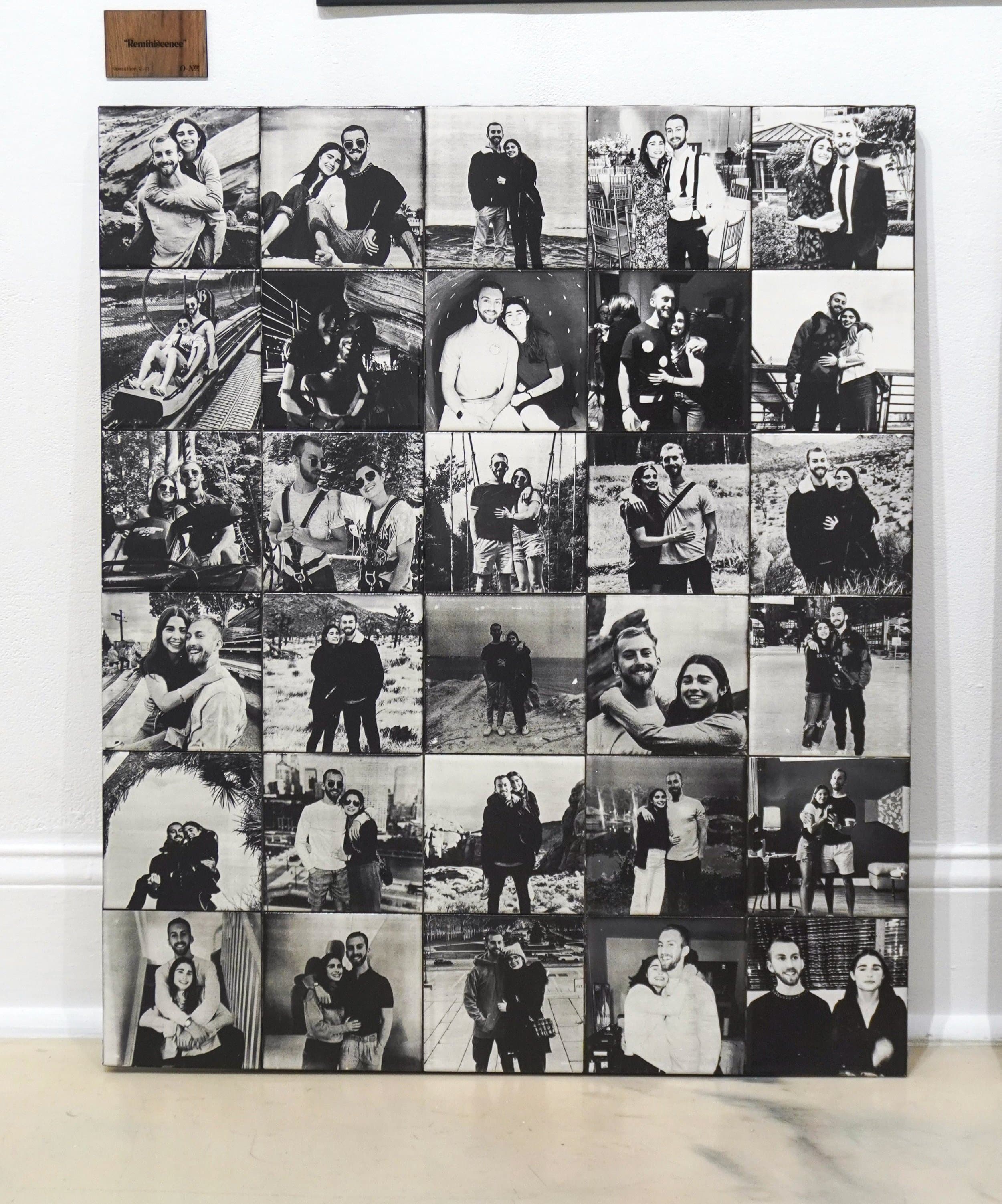 “Reminiscence” - 6" x 6" white ceramic tiles, painted black and laser-etched through the paint, displayed on hand-built wooden frame