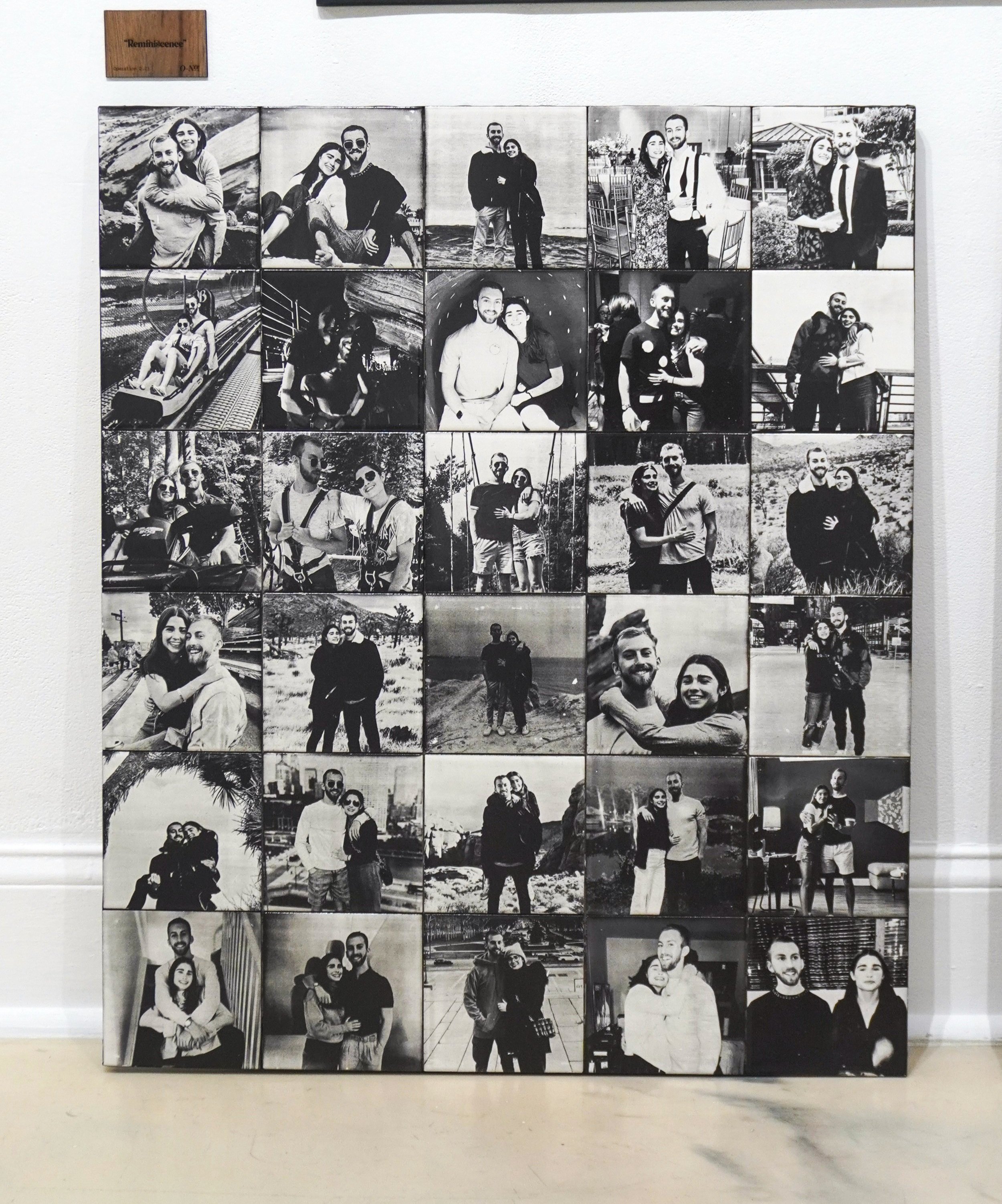 “Reminiscence” - 6" x 6" white ceramic tiles, painted black and laser-etched through the paint, displayed on hand-built wooden frame