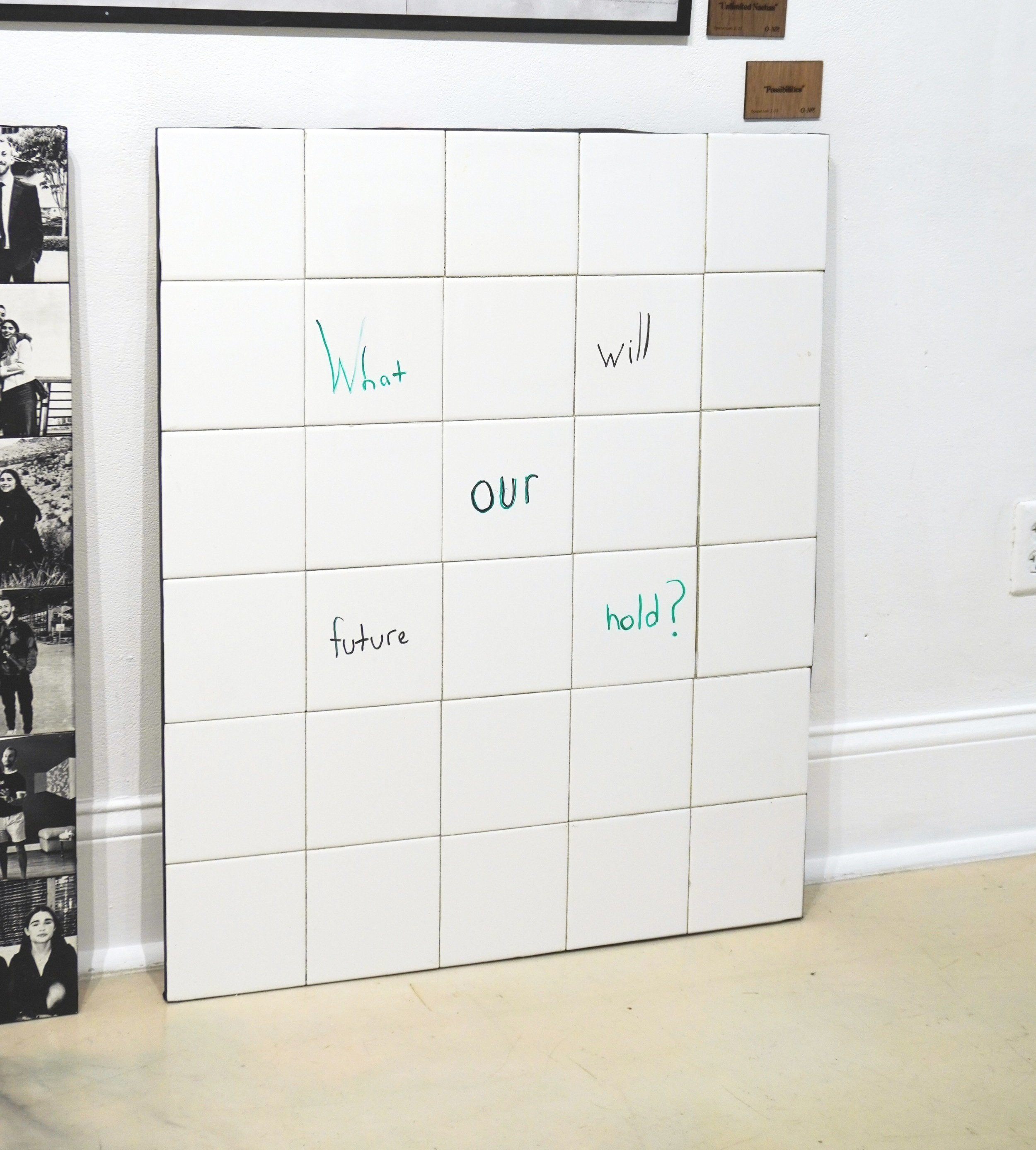 “Possibilities” - blank 6" x 6" white ceramic tiles on a hand-built wooden frame