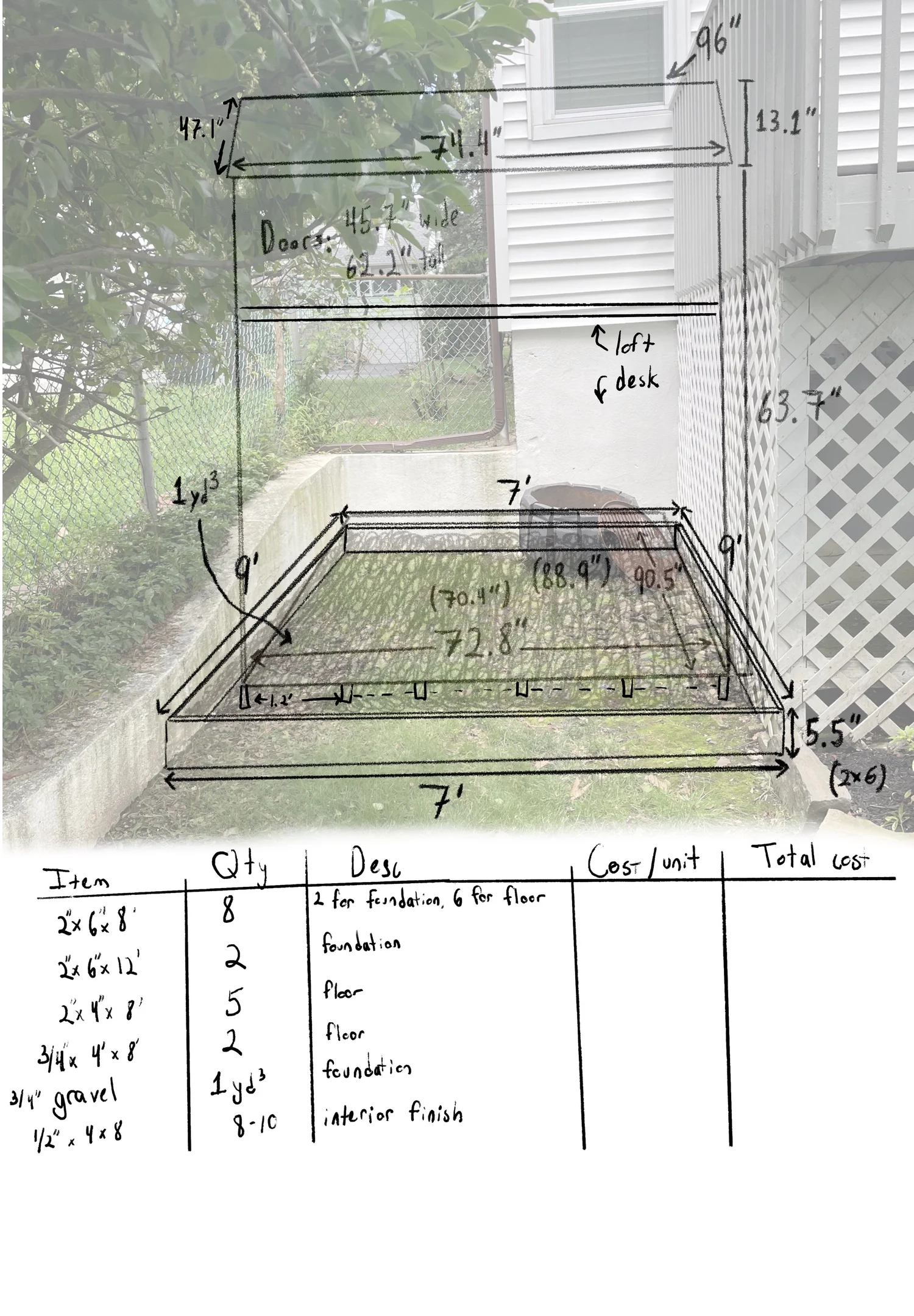 The beginnings of a schematic sketch for a backyard workshed