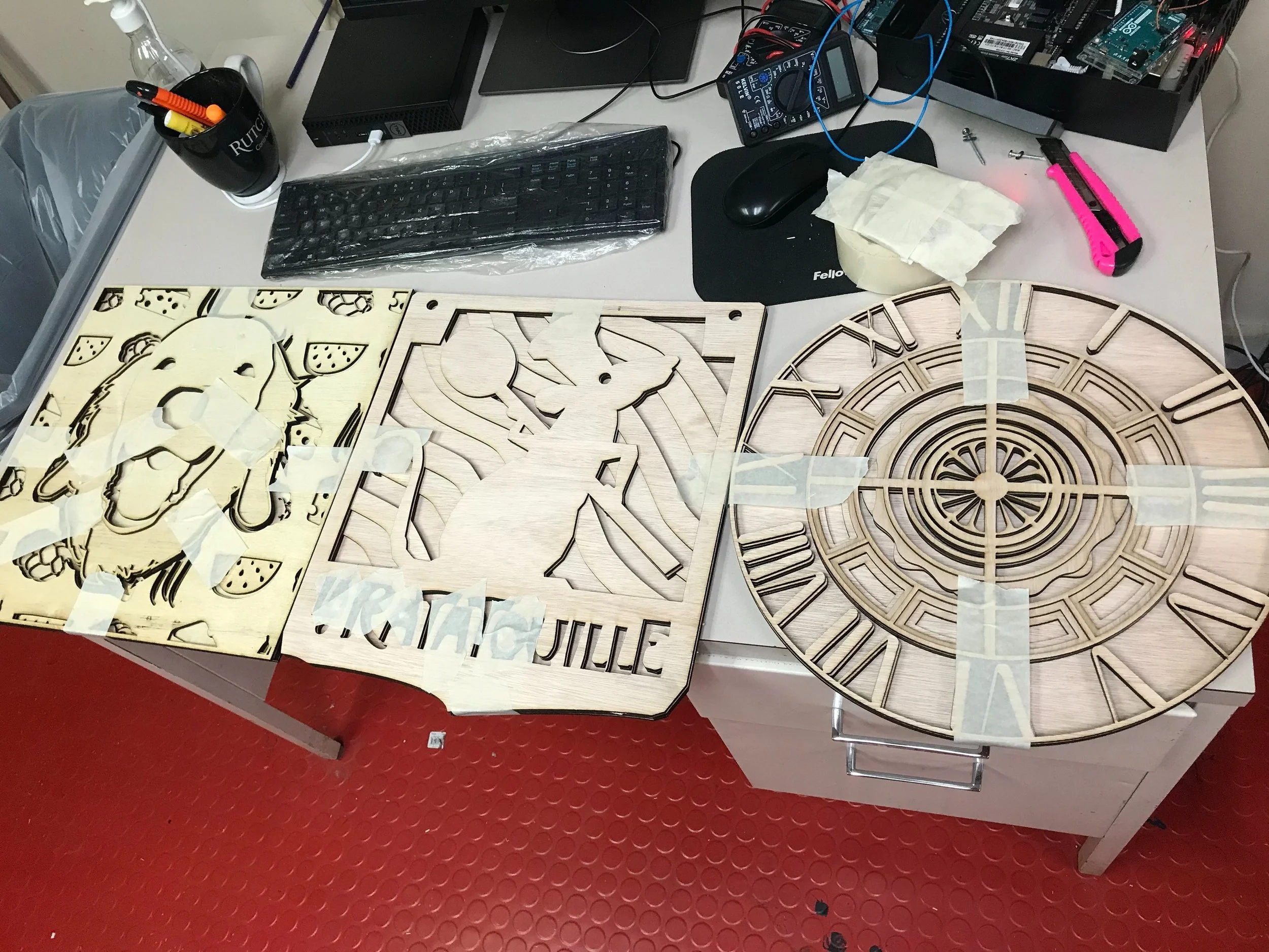 After that initial poster I was hooked. This is from later that week. Left to right: Jake the family dog, an homage to one of my favorite movies, and a clock of my design.