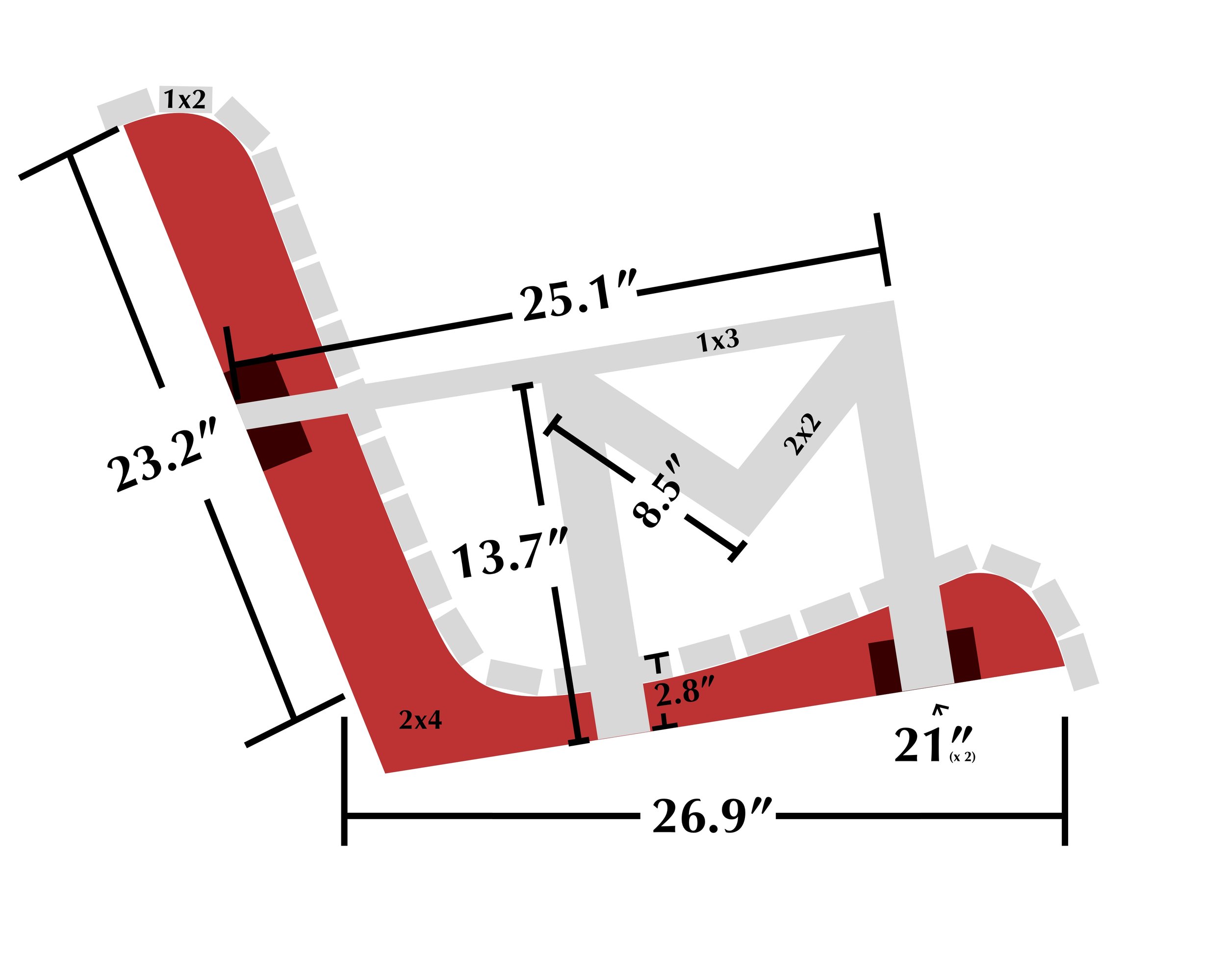 Here’s that graphic with dimensions. It is designed based on available lumber sizes: 2x4, 2x2, 1x2. What I didn’t know at the time was that the actual board dimensions are below their stated size. For example, a 2x4 is actually 1.5" x 3.5".